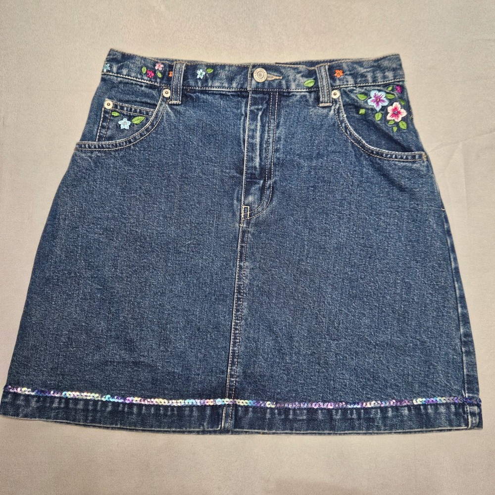 Gap Denim Mini Skirt Girls 16 Blue Floral Embroidered Sequin Trim Vintage Y2K